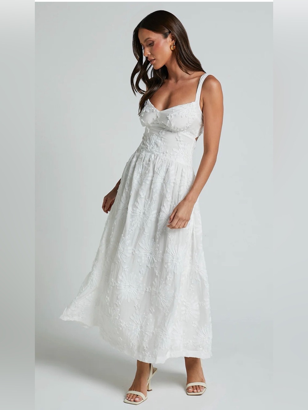 NWT Showpo White Embroidered Back Cutout Midi Aline Dress size 6